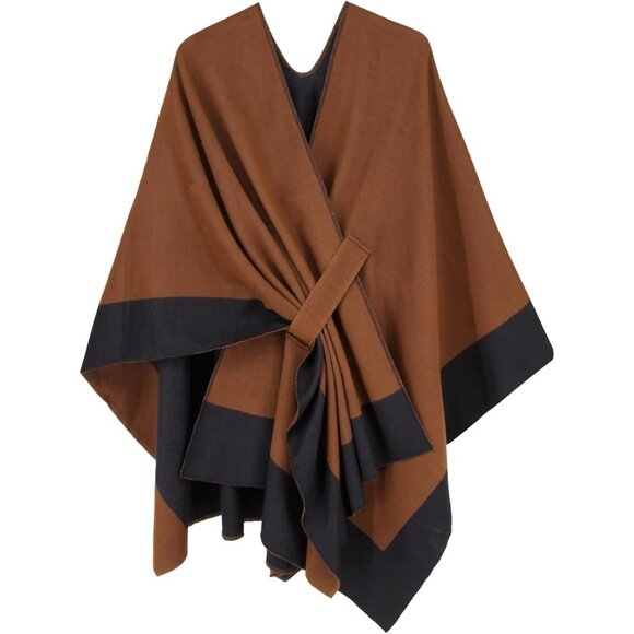Women's Shawl Wrap Poncho Ruana Cape Open Front Cardigan Fall Winter Camel - Picture 1 of 6